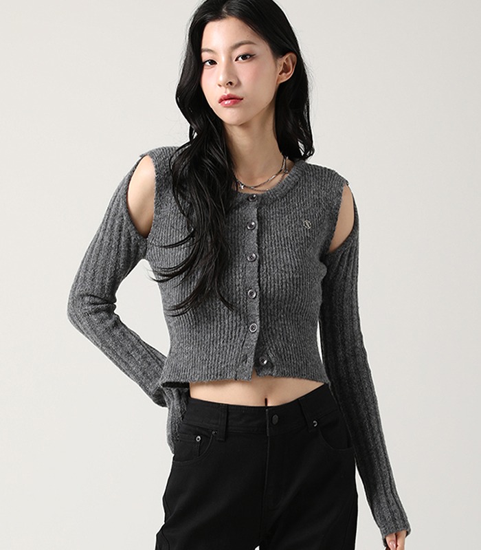 Irene Shoulder Cutting Round Knit CHARCOAL