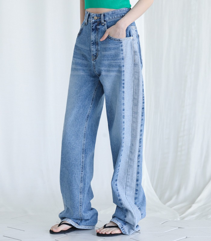 two-tone wide pants BLUE