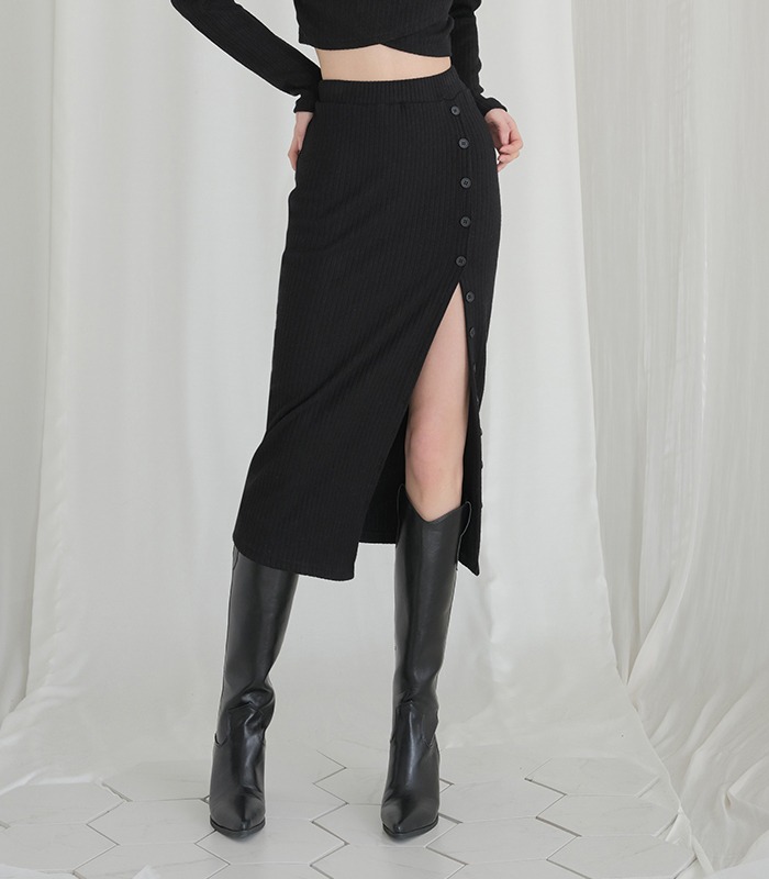 Ribbed wrap Button Knit skirt BLACK