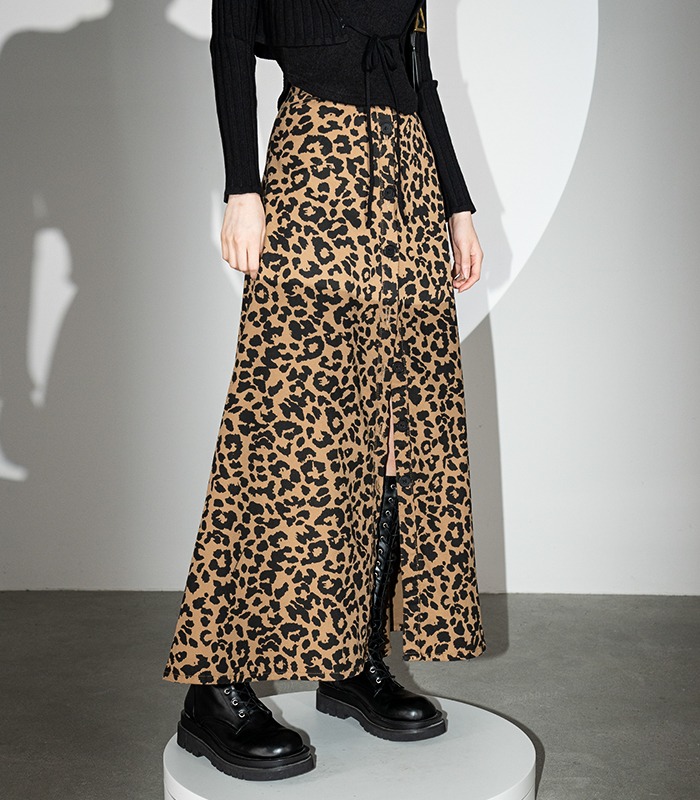 Leopard Button Maxi Skirt BROWN