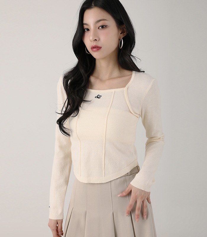 Square Neck Line Crop Long Sleeve Knit IVORY