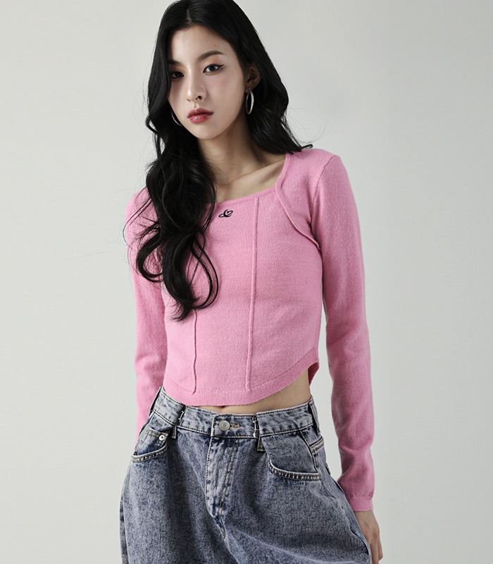 Square Neck Line Crop Long Sleeve Knit PINK
