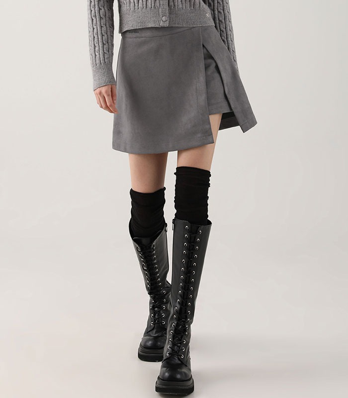 Suede Chic Slit Mini Skirt CHARCOAL